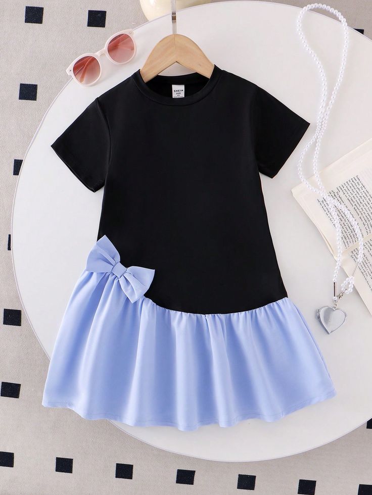 Toddlers’ Modern Black & Blue Dress – Side Bow Accent