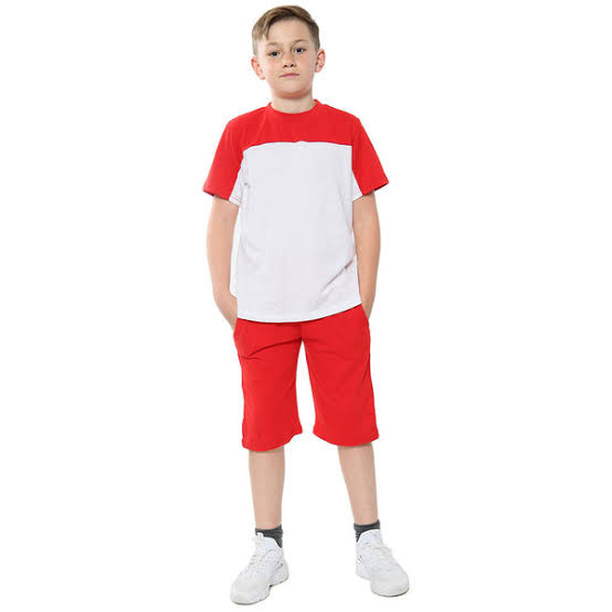 Kids Two‑Piece Outfit – White & Red Color‑Block T‑Shirt with Matching Shorts, Premium Cotton Blend