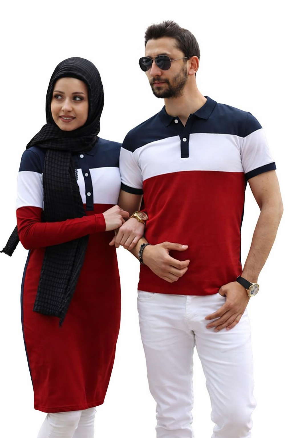 Couples’ Matching Color‑Block Set – Navy, White & Red Style