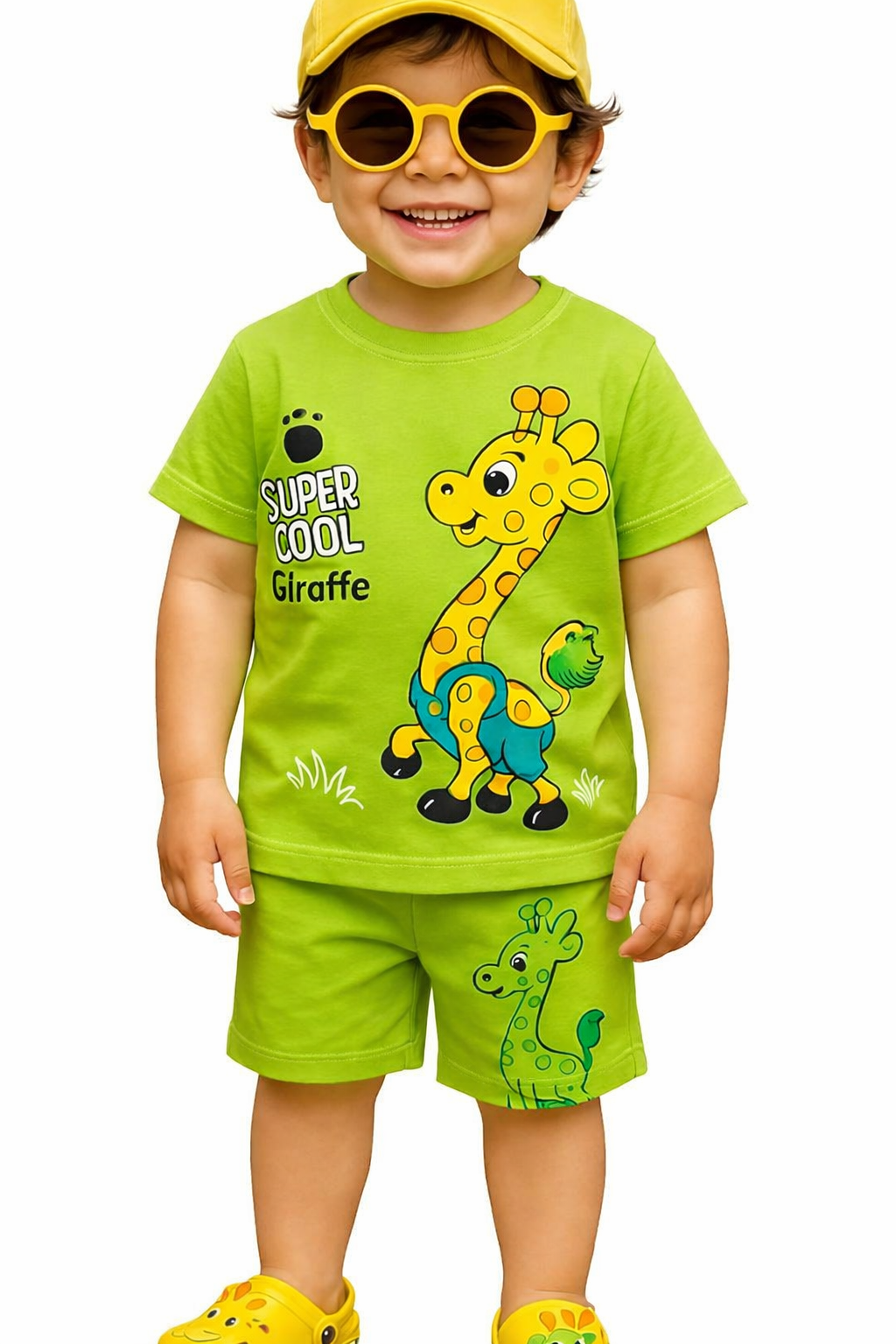 Toddlers’ Super Cool Giraffe Set – Bright Green Tee & Shorts