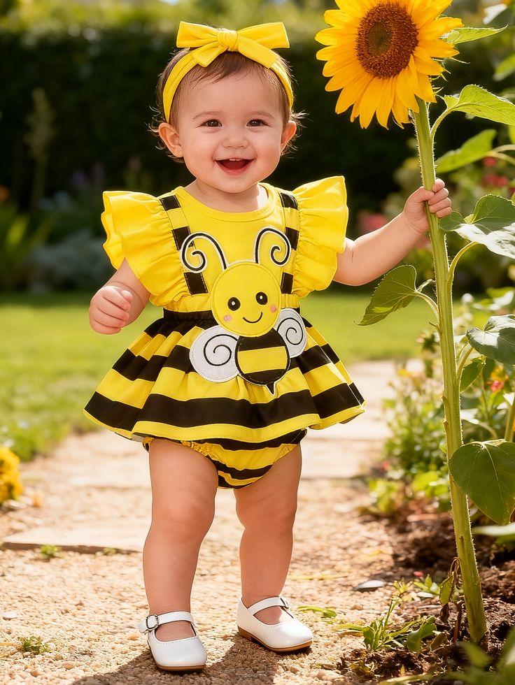 Toddlers’ Cheerful Bumblebee Dress – Striped Skirt & Bow Headband