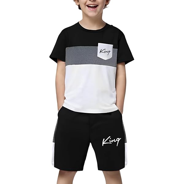 Kids Two‑Piece Outfit – Color‑Block T‑Shirt with “King” Pocket & Matching Shorts, Premium Cotton Blend