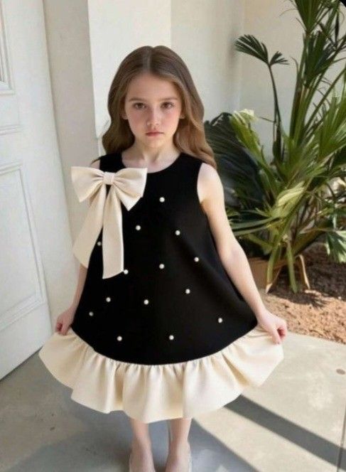 Toddlers’ Chic Black Dress – Cream Bow & Ruffle Hem